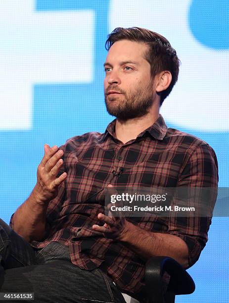 Actor Tobey Maguire speaks onstage during the 'The Spoils of Babylon' panel discussion at the Independent Film Channel portion of the 2014 Winter...