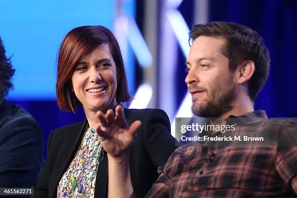 Actors Kristen Wiig and Tobey Maguire speak onstage during the 'The Spoils of Babylon' panel discussion at the Independent Film Channel portion of...