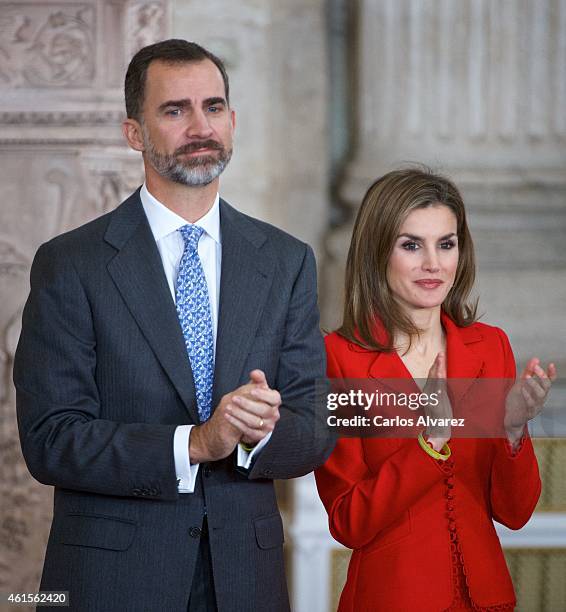 King Felipe VI of Spain and Queen Letizia of Spain attend the Investigation National Awards 2014 at the Royal Palace on January 15, 2015 in Madrid,...