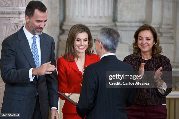 King Felipe VI of Spain and Queen Letizia of Spain attend the Investigation National Awards 2014 at the Royal Palace on January 15, 2015 in Madrid,...