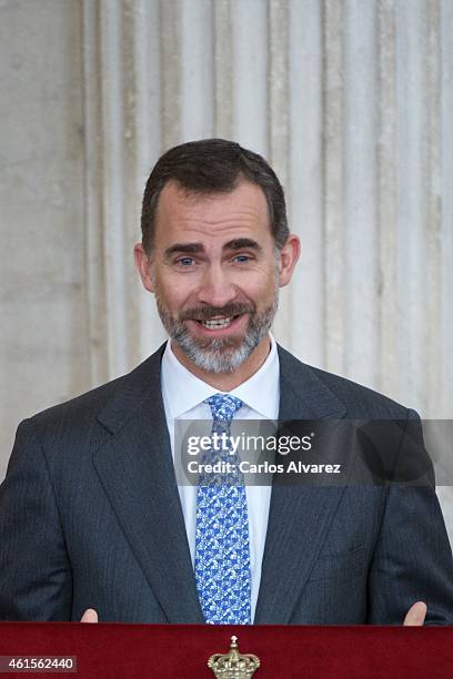 King Felipe VI of Spain attends the Investigation National Awards 2014 at the Royal Palace on January 15, 2015 in Madrid, Spain.