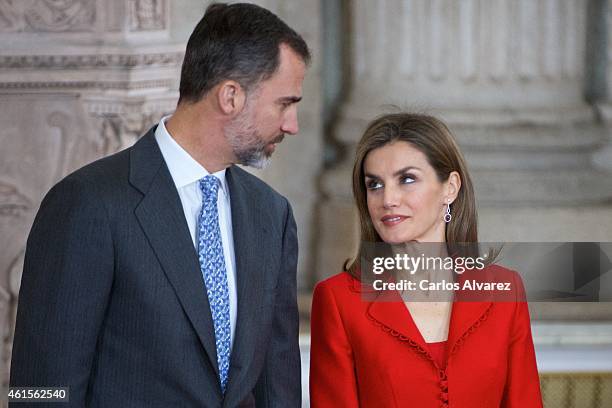 King Felipe VI of Spain and Queen Letizia of Spain attend the Investigation National Awards 2014 at the Royal Palace on January 15, 2015 in Madrid,...