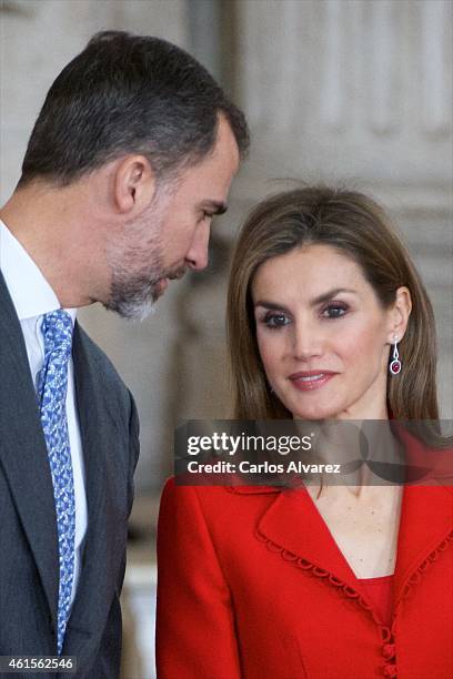 King Felipe VI of Spain and Queen Letizia of Spain attend the Investigation National Awards 2014 at the Royal Palace on January 15, 2015 in Madrid,...