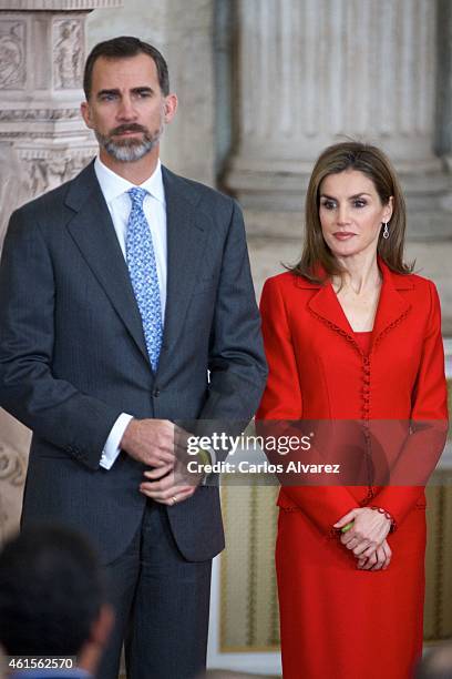 King Felipe VI of Spain and Queen Letizia of Spain attend the Investigation National Awards 2014 at the Royal Palace on January 15, 2015 in Madrid,...