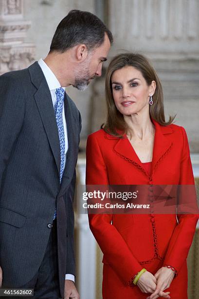 King Felipe VI of Spain and Queen Letizia of Spain attend the Investigation National Awards 2014 at the Royal Palace on January 15, 2015 in Madrid,...