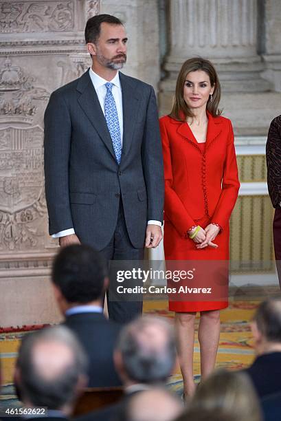 King Felipe VI of Spain and Queen Letizia of Spain attend the Investigation National Awards 2014 at the Royal Palace on January 15, 2015 in Madrid,...