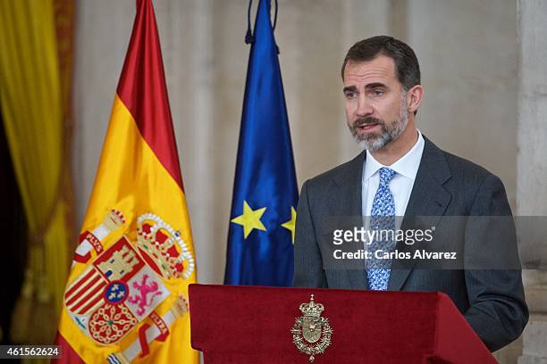 King Felipe VI of Spain attends the Investigation National Awards 2014 at the Royal Palace on January 15, 2015 in Madrid, Spain.