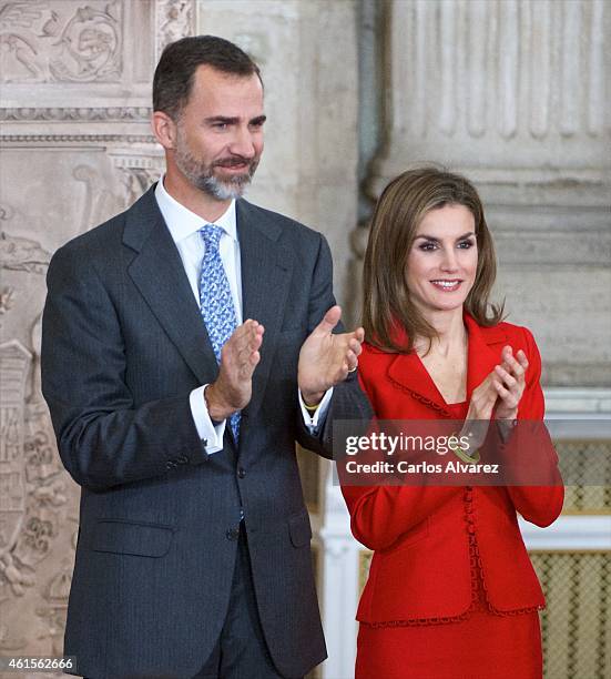 King Felipe VI of Spain and Queen Letizia of Spain attend the Investigation National Awards 2014 at the Royal Palace on January 15, 2015 in Madrid,...