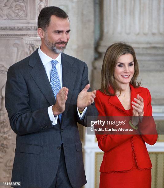 King Felipe VI of Spain and Queen Letizia of Spain attend the Investigation National Awards 2014 at the Royal Palace on January 15, 2015 in Madrid,...