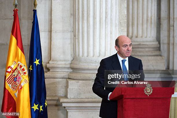 Spanish minister of the Economy and Finance Luis de Guindos attends the Investigation National Awards 2014 at the Royal Palace on January 15, 2015 in...