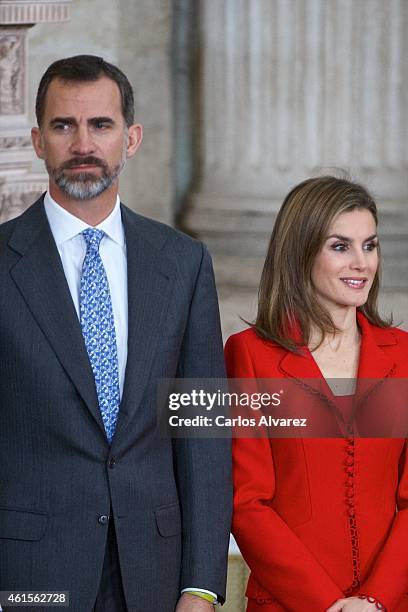 King Felipe VI of Spain and Queen Letizia of Spain attend the Investigation National Awards 2014 at the Royal Palace on January 15, 2015 in Madrid,...