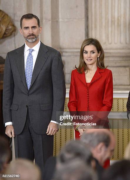 King Felipe VI of Spain and Queen Letizia of Spain attend the 2014 Investigation National Awards ceremony at The Royal Palace on January 15, 2015 in...