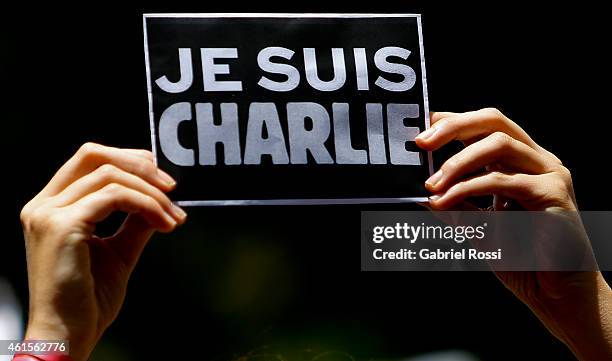 Detail of a sign with the words "Je sui Charlie" during a tribute to the 17 victims of this week's Islamists militant attacks in France at Embassy of...