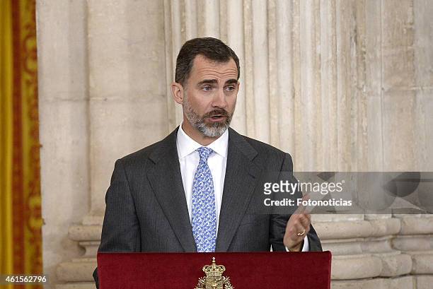 King Felipe VI of Spain attends the 2014 Investigation National Awards ceremony at The Royal Palace on January 15, 2015 in Madrid, Spain.