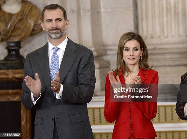 King Felipe VI of Spain and Queen Letizia of Spain attend the 2014 Investigation National Awards ceremony at The Royal Palace on January 15, 2015 in...