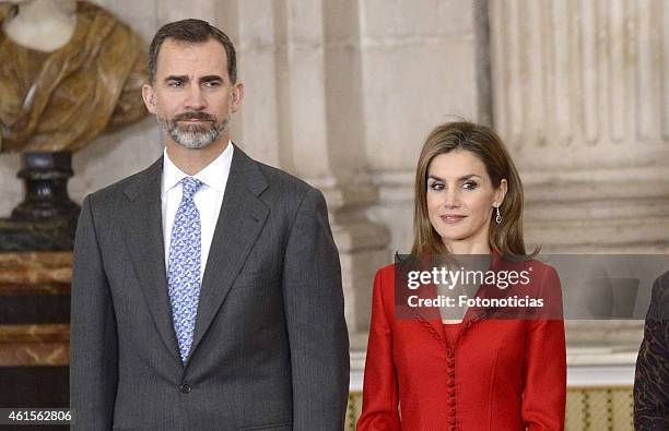 King Felipe VI of Spain and Queen Letizia of Spain attend the 2014 Investigation National Awards ceremony at The Royal Palace on January 15, 2015 in...