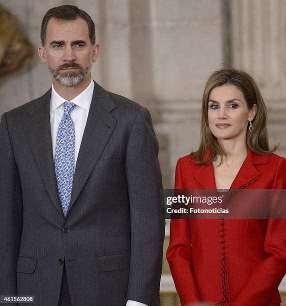 King Felipe VI of Spain and Queen Letizia of Spain attend the 2014 Investigation National Awards ceremony at The Royal Palace on January 15, 2015 in...