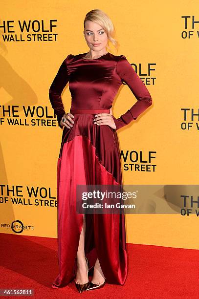 Actress Margot Robbie attends the UK Premiere of The Wolf of Wall Street at London's Leicester Square on January 9, 2014 in London, England.