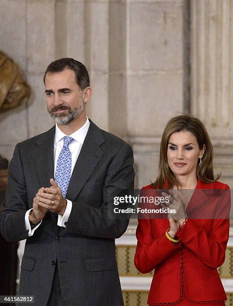 King Felipe VI of Spain and Queen Letizia of Spain attend the 2014 Investigation National Awards ceremony at The Royal Palace on January 15, 2015 in...