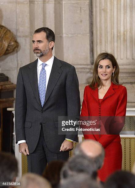 King Felipe VI of Spain and Queen Letizia of Spain attend the 2014 Investigation National Awards ceremony at The Royal Palace on January 15, 2015 in...
