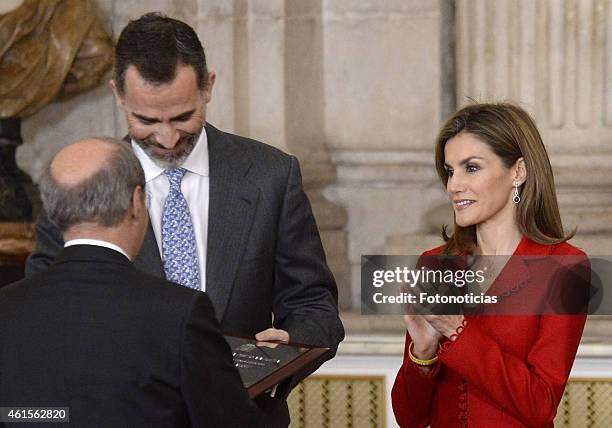 King Felipe VI of Spain and Queen Letizia of Spain attend the 2014 Investigation National Awards ceremony at The Royal Palace on January 15, 2015 in...