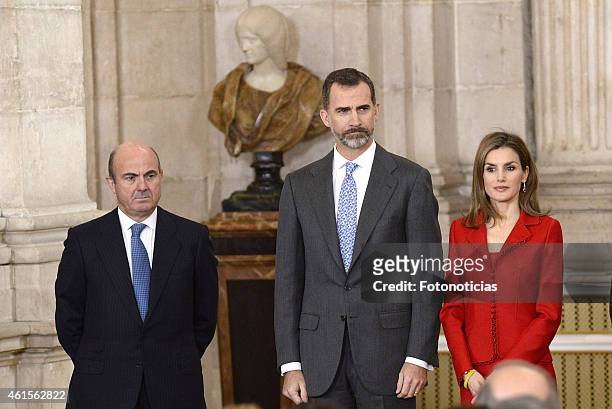 Minister Luis de Guindos, King Felipe VI of Spain and Queen Letizia of Spain attend the 2014 Investigation National Awards ceremony at The Royal...