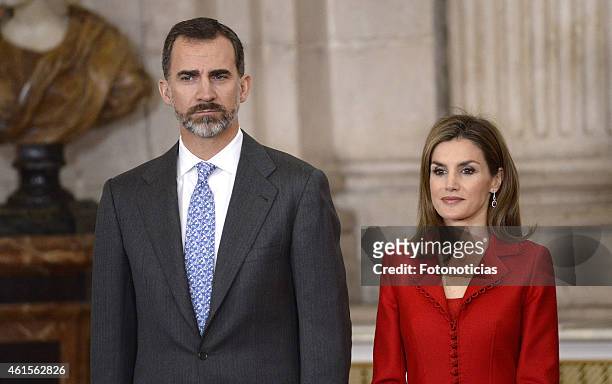 King Felipe VI of Spain and Queen Letizia of Spain attend the 2014 Investigation National Awards ceremony at The Royal Palace on January 15, 2015 in...