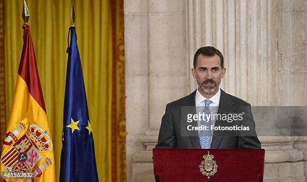 King Felipe VI of Spain attends the 2014 Investigation National Awards ceremony at The Royal Palace on January 15, 2015 in Madrid, Spain.