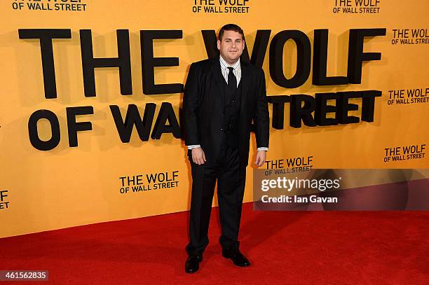 Actor Jonah Hill attends the UK Premiere of The Wolf of Wall Street at London's Leicester Square on January 9, 2014 in London, England.