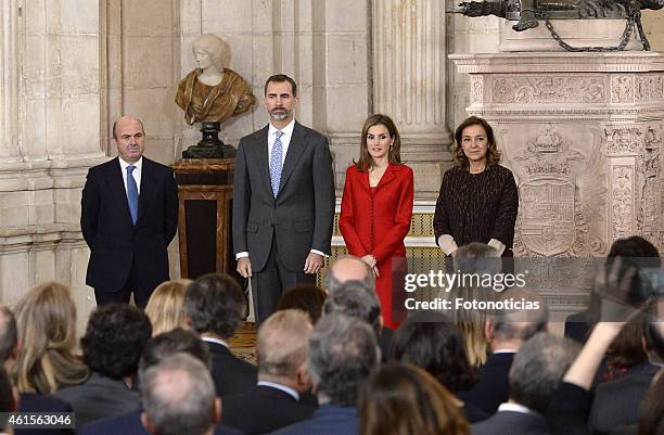 Minister Luis de Guindos, King Felipe VI of Spain and Queen Letizia of Spain attend the 2014 Investigation National Awards ceremony at The Royal...