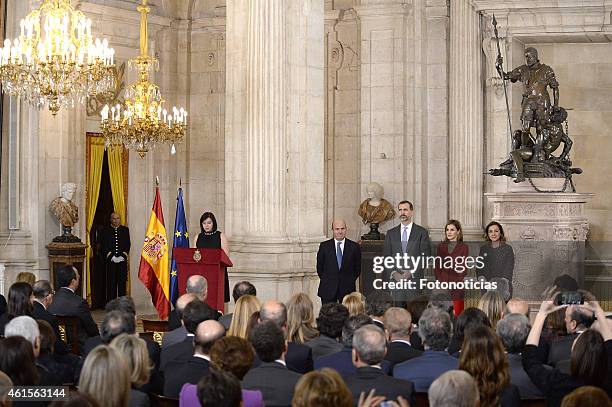 King Felipe VI of Spain and Queen Letizia of Spain attend the 2014 Investigation National Awards ceremony at The Royal Palace on January 15, 2015 in...