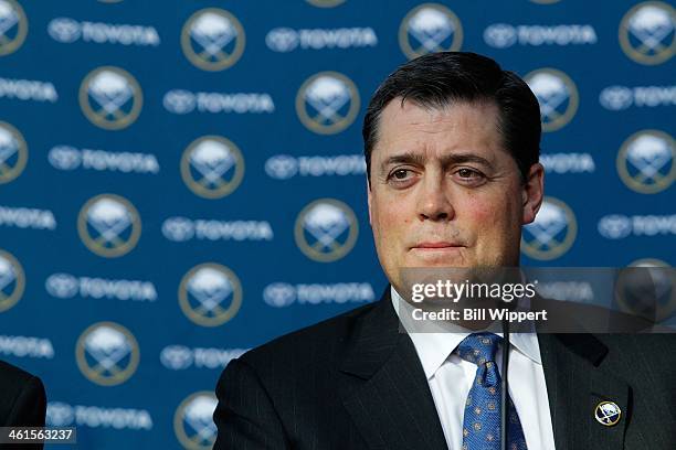 Buffalo Sabres president of hockey operations Pat LaFontaine speaks at a media conference introducing Tim Murray and Craig Patrick on January 9, 2014...