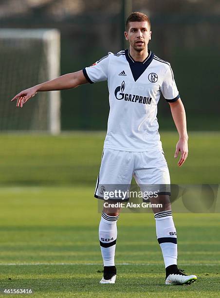 Matija Nastasic of Schalke gestures during a friendly match between FC Schalke 04 and Al-Merrikh SC at ASPIRE Academy for Sports Excellence on...