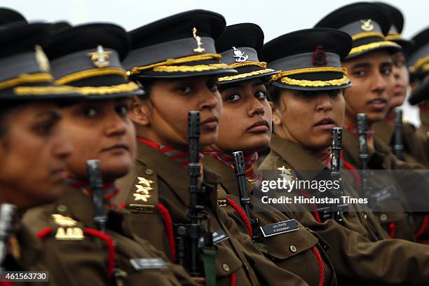 Women officer contingent of Indian Army march during the Army Day parade at Delhi Cantt on January 15, 2015 in New Delhi, India. It was the first...