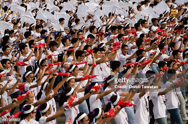 High school students perform upon Pope Francis' arrival to the Philippines on January 15, 2015 in Manila, Philippines. Pope Francis will visit venues...