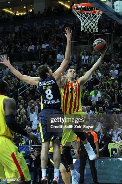 Bostjan Nachbar of FC Barcelona competes with Nemanja Bjelica of Fenerbahce Ulker during the 2013-2014 Turkish Airlines Euroleague Top 16 Date 2 game...