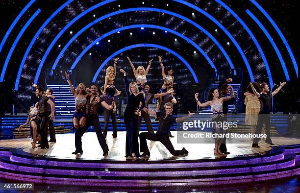 Zoe Ball dances with Kevin Clifton and other dancers during a photocall to launch the Strictly Come Dancing Live Tour 2015 at Birmingham Barclaycard...