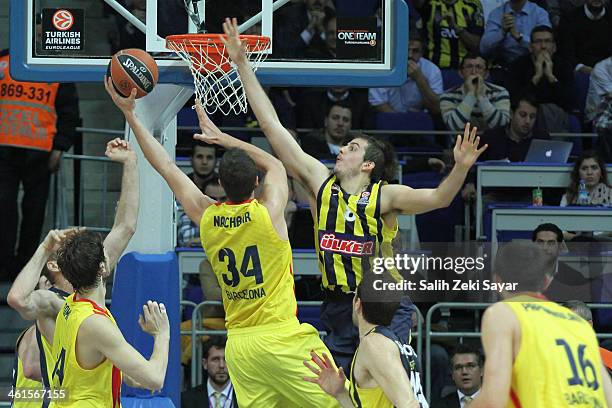 Bostjan Nachbar of FC Barcelona competes with Nemanja Bjelica of Fenerbahce Ulker during the 2013-2014 Turkish Airlines Euroleague Top 16 Date 2 game...