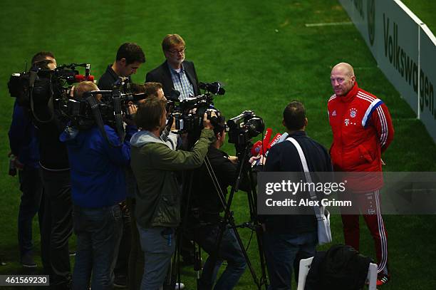 Sporting director Matthias Sammer talks to the media during day 7 of the Bayern Muenchen training camp at ASPIRE Academy for Sports Excellence on...