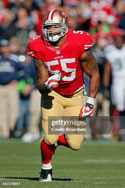 Linebacker Ahmad Brooks of the San Francisco 49ers rushes the Seattle Seahawks in the first quarter on December 8, 2013 at Candlestick Park in San...