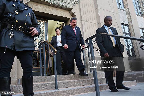New Jersey Gov. Chris Christie leaves the Borough Hall in Fort Lee where he apologized to Mayor Mayor Mark Sokolich on January 9, 2014 in Fort Lee,...