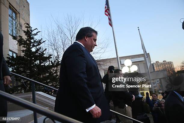 New Jersey Gov. Chris Christie leaves the Borough Hall in Fort Lee where he apologized to Mayor Mayor Mark Sokolich on January 9, 2014 in Fort Lee,...