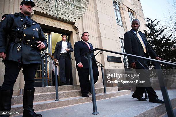 New Jersey Gov. Chris Christie leaves the Borough Hall in Fort Lee where he apologized to Mayor Mark Sokolich on January 9, 2014 in Fort Lee, New...