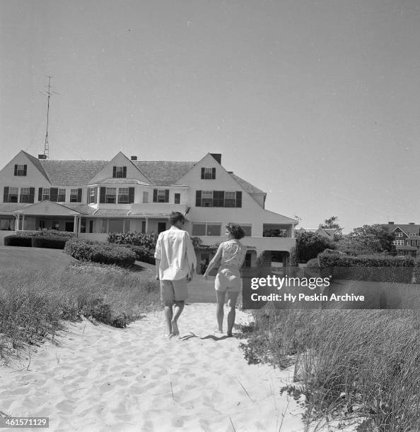 Senator John F. Kennedy and fiance Jacqueline Bouvier on vacation at the Kennedy compound in June 1953 in Hyannis Port, Massachusetts.