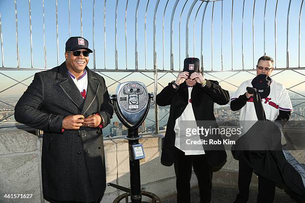 Baseball Hall of Fame Electees Frank Thomas, Tom Glavine and Greg Maddux visit at The Empire State Building on January 9, 2014 in New York City.