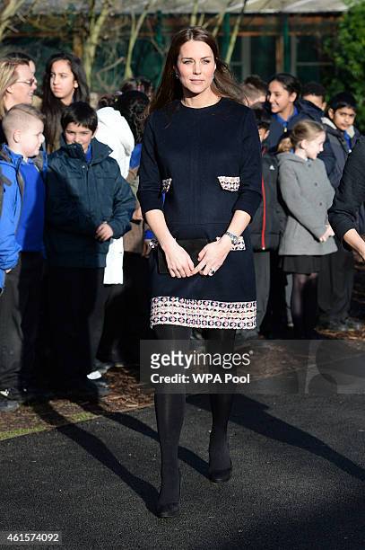 Catherine, Duchess of Cambridge visits Barlby Primary School on January 15, 2015 in London, England. The Duchess of Cambridge is visiting the Clore...