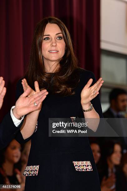 Catherine, Duchess of Cambridge visits Barlby Primary School on January 15, 2015 in London, England. The Duchess of Cambridge is visiting the Clore...