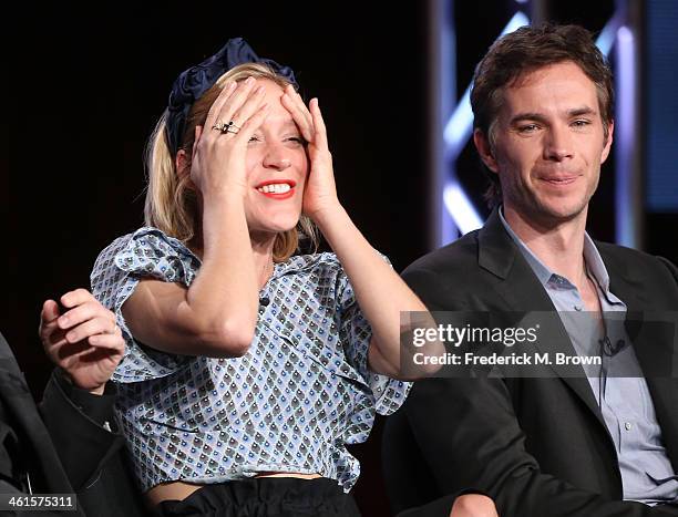 Actors Chloe Sevigny and James D'Arcy speak onstage during the 'Lifetime - Those Who Kill' panel discussion at the Lifetime/A&E Network' portion of...