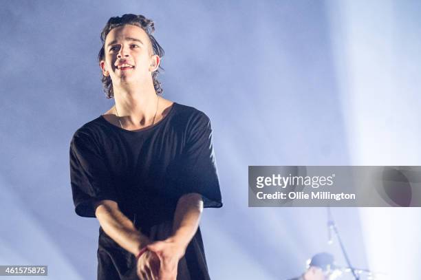 Matthew Healy of The 1975 performs on stage at Brixton Academy on January 9, 2014 in London, United Kingdom.