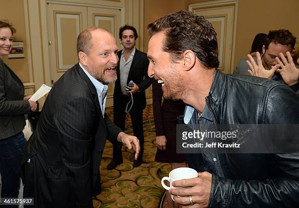Actors Woody Harrelson and Matthew McConaughey attend the HBO Winter 2014 TCA Panel at The Langham Huntington Hotel and Spa on January 9, 2014 in...